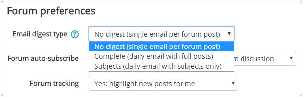 To enable/change the email digests: 1. Click your User menu (top-right corner). 2. Highlight Preferences and click User. 3. Click the Forum preferences link. 4.