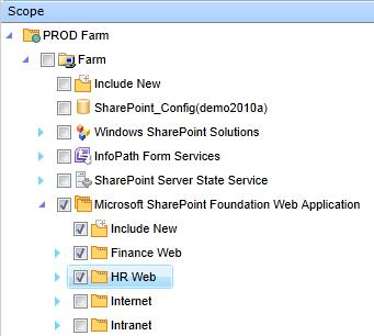 Newly created Web applications under the Microsoft SharePoint Foundation Web Application node (because Include New is selected) Any existing or newly added content databases of the selected and/or