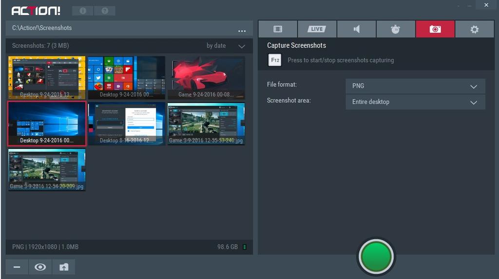 CAPTURE SCREENSHOTS Introduction Capture options Capture screenshot Action! allows to capture screenshots of your desktop and all supported DirectX or OpenGL games and applications.