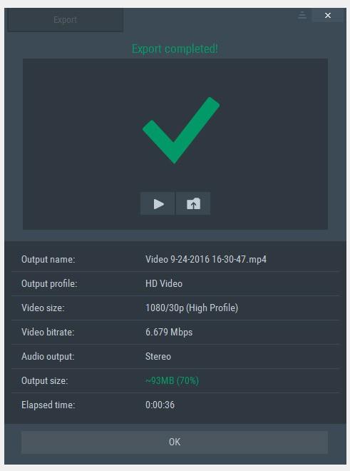 EXPORT RECORDINGS - EXPORT COMPLETED VIEW Hardware acceleration The GPU icon is displayed whenever hardware acceleration for video encoding is used during exporting.