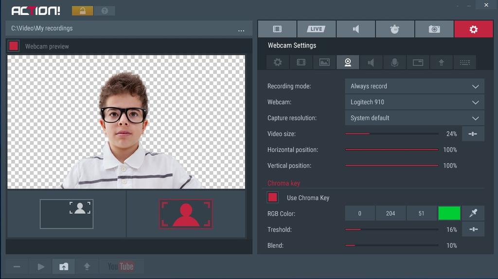 WEBCAM SETTINGS Webcam settings allow to include picture from webcam in gameplay and desktop recordings. PREVIEW Use Webcam Preview tick available at the topleft Action!