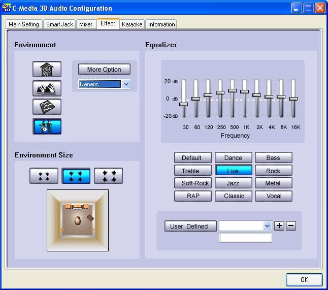 4.4 Sound Effects Environment Emulation Step 1: Select an Environment button for emulation that is implemented by producing the sound reflection and reverberation Step 2: You can change the