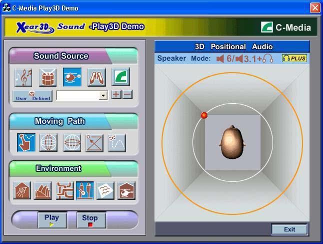 5. Using Play3D Demo CMI8768/8768+ Xear 3D Audio Driver C-Media also provides an interesting Play3D demo program as below.