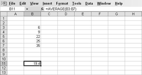 30 Part I: Getting Started with Excel Formulas and Functions Ready to write your first formula with a function in it? Let s go! This function creates an average. Here s what you do: 1.