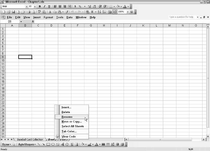 12 Part I: Getting Started with Excel Formulas and Functions Figure 1-2: Changing the name of a worksheet. You can try changing a worksheet name on your own. Do it the easy way: 1.