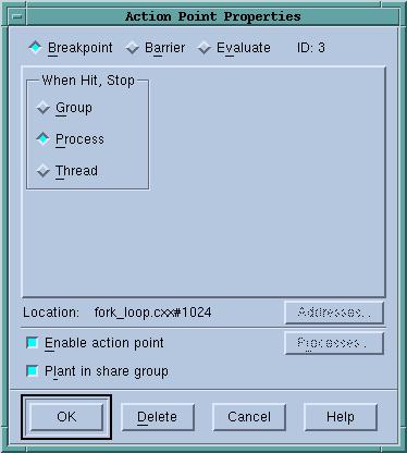 Action Point Menu Figure 51: Action Point > Properties Dialog Box The When Hit, Stop radio buttons indicate which other threads TotalView should stop when execution reaches the breakpoint, as