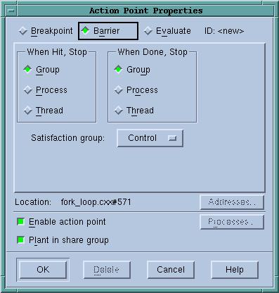 Action Point Menu Figure 52: Action Point > Properties Dialog Box If a process is stopped and then continued, the held threads, including the ones waiting on an unsatisfied barrier, do not run.