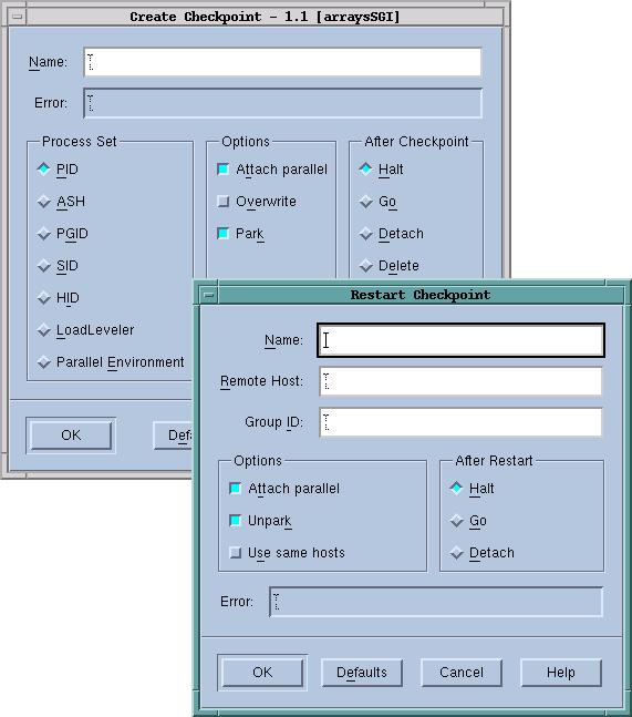 Tools Menu Commands Figure 67: Checkpoint and Restart Dialog Boxes 2.