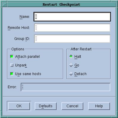 Tools Menu Commands Figure 68: Tools > Restart Checkpoint Attach parallel If selected, TotalView attaches to parallel processes as they are being created.