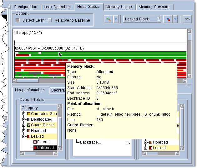 Heap Status Page Figure 115: Heap Status Page: Graphical View The Graphical View has two parts: The upper portion displays allocated blocks of memory.