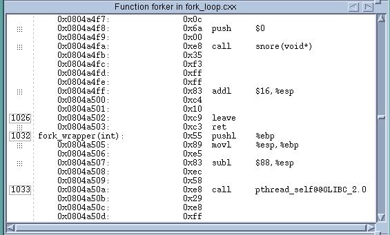 ) Figure 37: Source Pane: Showing Assembler Symbolically View > Assembler > By Address Tells TotalView that it should display assembler code by address.