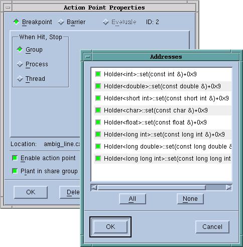 Action Point Menu Figure 50: Addresses Dialog Box Plant in share group When set, the action point is shared among all of the threads in the thread s share group.