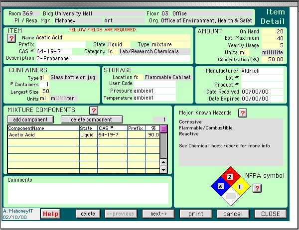 5 Adding Detailed Information: The Item Detail Screen To add or view detailed information about an item (e.g., mixture components, manufacturer, container information, etc.