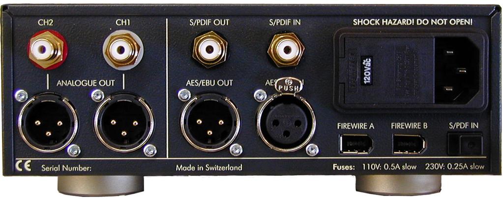 Backpanel Elements: - Analog outputs on XLR and RCA connectors. - Digital inputs (two Firewire connectors, one XLR, one RCA and one Toslink connector).