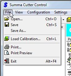 5.2 Menu s in Summa Cutter Control There are 5 main menu s in Summa Cutter Control. The help menu is only used for links to the site of Summa and for a revision check of the program. 5.2.1 File menu With the file menu, configuration settings can be saved on the computer and loaded from its hard disk.