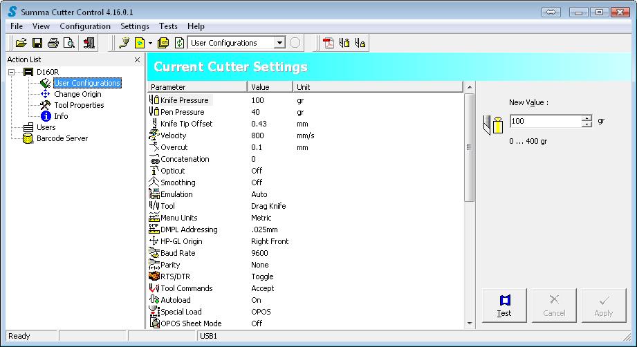 5.4 Action list The left part of the Window gives an overview of the action list. 5.4.1 User Configurations Click User Configuration to have a complete overview of the cutter s parameters.