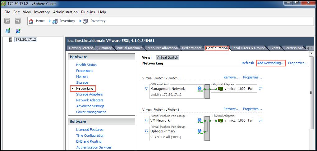 Create vswitch2 with Uplogix Secondary Port Group Click on