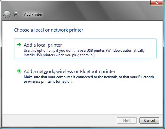 When the Choose a local or network printer window appears, click on Add a local printer. Fig 1.