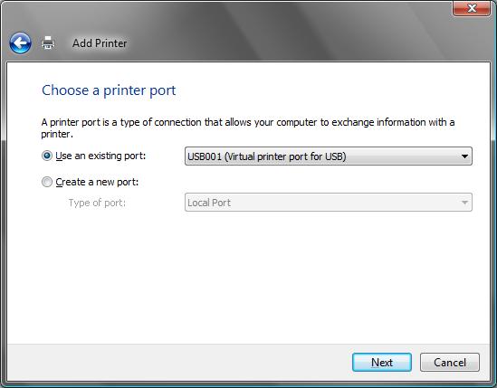 select Use an existing port:, and select the USB port the printer is connected to (for example,