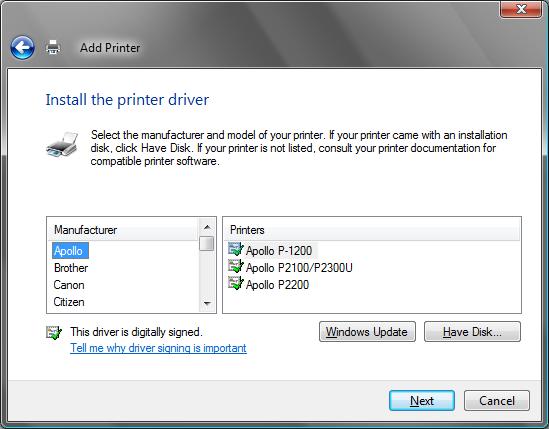 When the Install the printer driver window appears, click on the Have