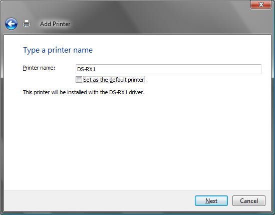 In the Install the printer driver window, check that DS-RX1 is displayed, and click the Next button. Fig 1.