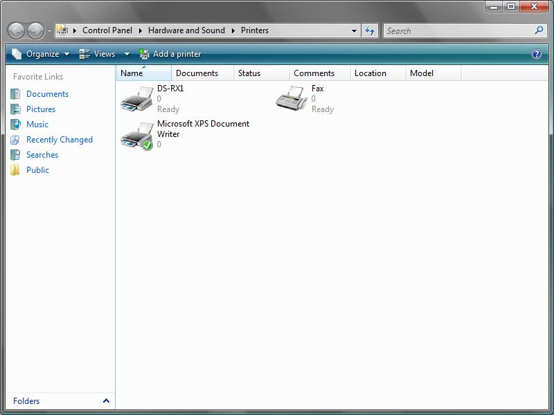 Check that the DS-RX1 is shown in the Printer window. Now, installation of the DS-RX1 printer driver is complete.
