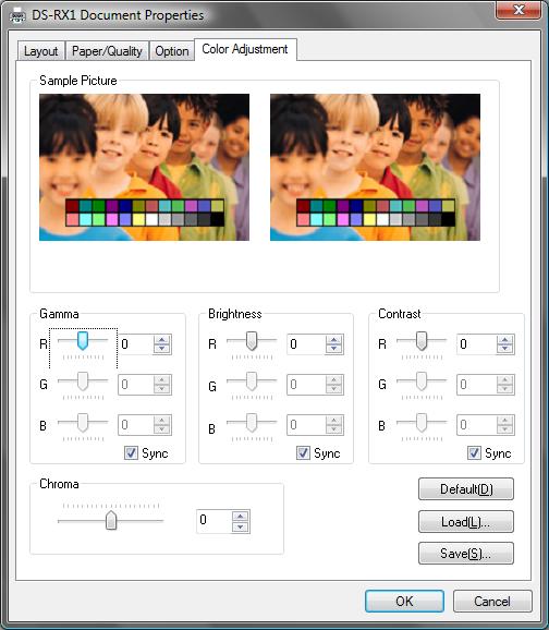 2.2.5 Color Adjustment If you check Handled by Driver in 2.2.4 Option, the respective color adjustment values in the Color Adjustment tab are reflected in the image. Fig 2.2.5 Color Adjustment tab Setting ranges in the Color Adjustment tab are as follows: Adjustment Item Adjustment Value Gamma -100(dark) ~ 100(light) (0 means no adjustment, Gamma 2.