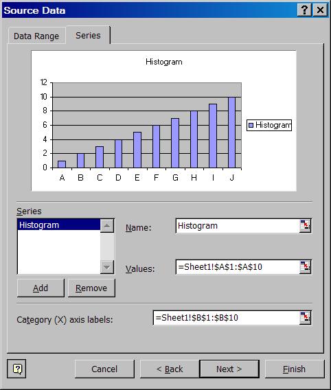 c) Under the Series box, click the Add button; then type Histogram in the Name field.