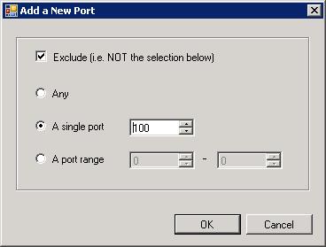 3. Any, to choose all ports; A single port and defining the required port in the combo box beside; A port range and typing the start and end port numbers in the respective combo boxes.