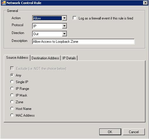 General Settings Action : Defines the action the firewall takes when the conditions of the rule are met. Options available via the drop down menu are 'Allow', 'Block' or 'Ask'.