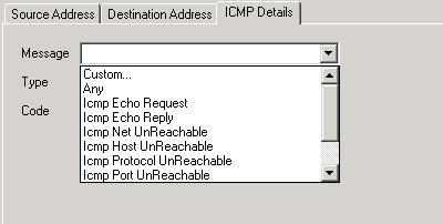 ICMP Protocol Selecting ICMP as the protocol in General Settings, shows a list of ICMP message type in the 'ICMP Details' tab alongside the Source Address and Destination Address tabs.