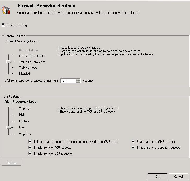 Click on Firewall Behavior Settings in Firewall > Advanced Task to open the 'Firewall Behavior Settings' interface. These settings are divided into two sections.
