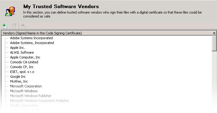 Click on My Trusted Vendors in Defense+ > Common Tasks to open the 'My Trusted Software Vendors' interface.