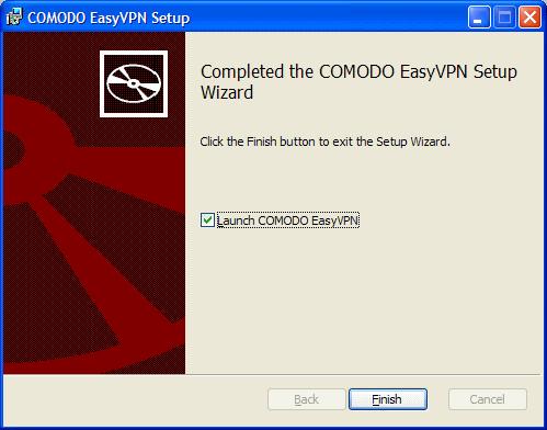 If you want to run immediately, leave the checkbox Launch COMODO EasyVPN selected, else uncheck it. Click 'Finish' to complete installation and exit the wizard. 2.