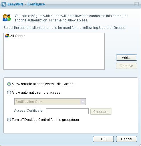 To add new users/new groups to grant access to your desktop Click the 'Add' button. The 'Choose User' dialog will open.