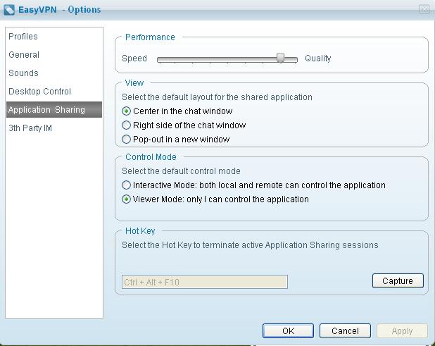 Performance The Performance slider enables you to set the speed / quality of the Application Sharing sessions when you share an application with another user.