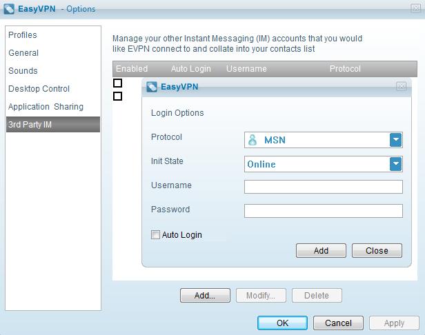 Password Init State Enabled tab allows you to account is singed in or not. User could check it to sign in/out one account. Auto Login Auto Login tab allows you to connect automatically to account.