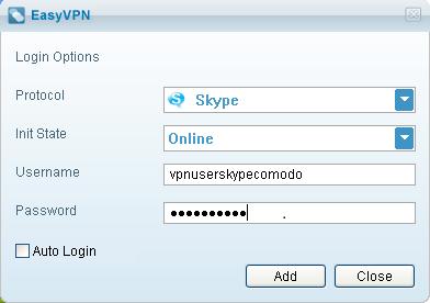 When you try to add a Skype account you need to log on on Skype and allow access for Comodo Easy VPN to use your account: Select the default availability status in the 'Init State' drop down Enter