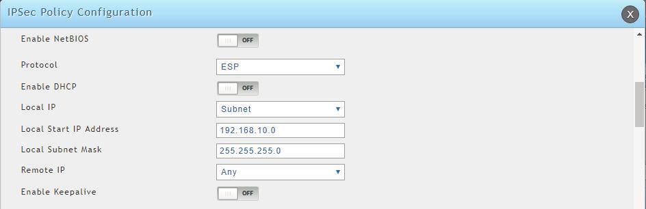 8 Protocol: Set to ESP for IPSec protocol (default setting). Local IP: Define the local network scope for IPSec connectivity. Select Subnet as in this example. Local Start IP Address: Set to 192.168.