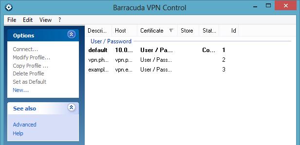 Connections are listed with the following attributes: Description The name of the profile. Host The configured VPN server to connect to.