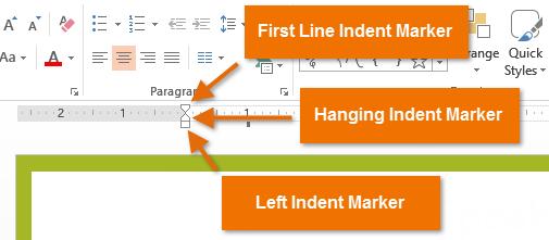 Indent markers are located to the left of the horizontal ruler, and they provide several indenting options: First-line