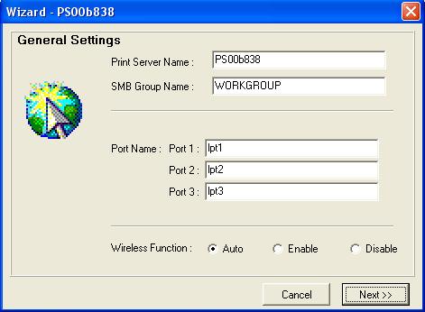 Step 1: In this step, you can setup the name of the print server, the SMB group name, and the name of each printer port.
