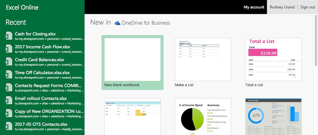 Excel Online App 1. From the landing page, click on the Excel online tile. 2. Click on either New blank workbook, a file listed under the Recent heading, or choose Open from OneDrive for Business. 3.