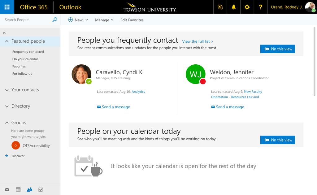 Outlook People (Formerly Contacts) 1. From the landing page, click the People tile. 2. Your contacts will appear in the web browser.