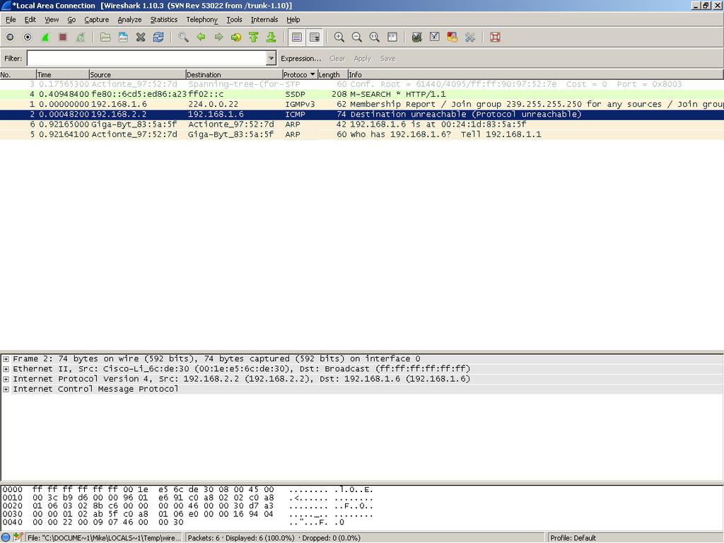 Wireshark is free network packet analyzer that can be downloaded off of the internet. When executed, Wireshark displays detailed information about the network traffic visible from the PC.