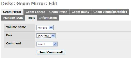 The Software RAID 1 status is still DEGRADED, we must add this new disk: Second Step Open the Disk/Software RAID/Geom mirror/tools page and select your DEGRADED RAID array and action forget (The Disk