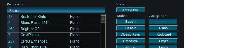 When a Bank button is selected, the Program list window will display all 128 Programs in that Bank.