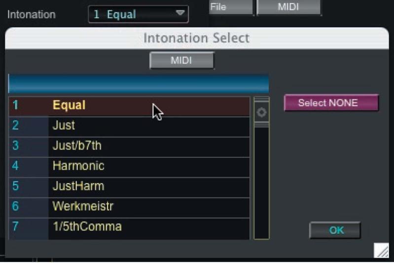 scroll through the list and click on the desired intonation. Clicking the SELECT NONE button selects no intonation. When finished, click OK to exit and dismiss this window.