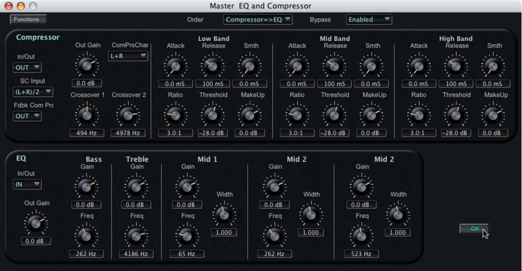 Modes Toolbar - EQ+COMP Button Clicking the EQ+COMP button produces a window that displays the Master Equalization (EQ) and Compressor settings.