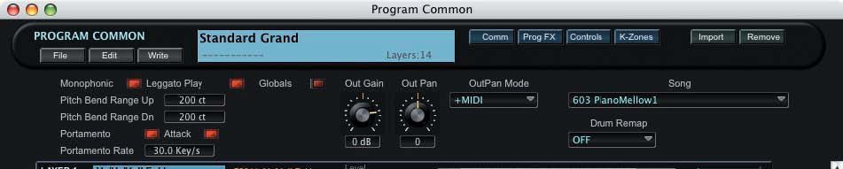 four views are: Program Common parameters, Effects (FX) parameters, Control Slider Assignments or